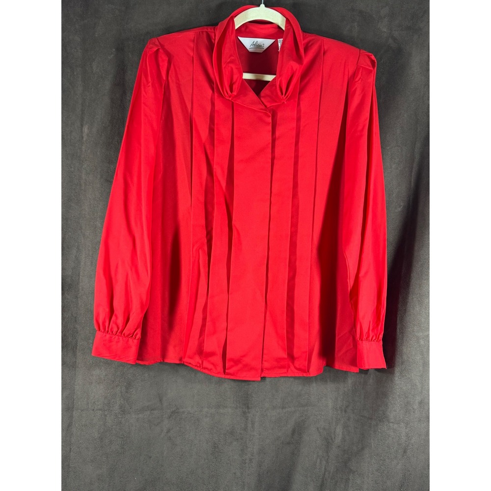 Vintage Alicia Red Pleated Blouse Draped Collar Shoulder Pads Size 14